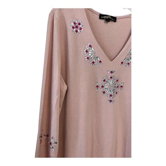 Joan Boyce Embellished Tunic Top Pink XL Rhinestone Long Sleeve Bling Stretchy - Picture 2 of 5